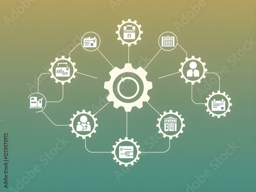 Interconnected Gears of Success: A minimalist and modern design showcases a central cog wheel interconnected with multiple smaller gears, each representing a distinct business process.