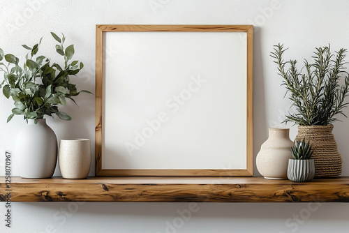 Square empty mock up poster frame on wooden shelf. Interior design of modern living room with white wall and home decor pieces.