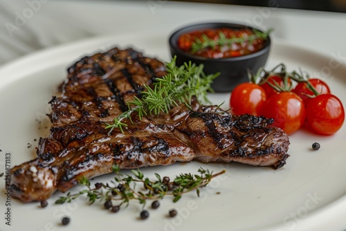 Captivating food photography of a juicy medium rare steak with cherry tomatoes and spices photo