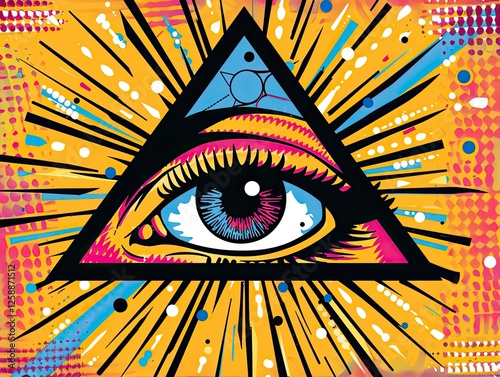 Vibrant stylized eye within a triangle, radiating energy and color.  A bold graphic design with psychedelic elements. photo