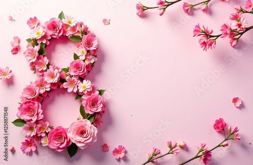 3d number 8 surrounded by roses on light background. Concept of women's day celebration. photo