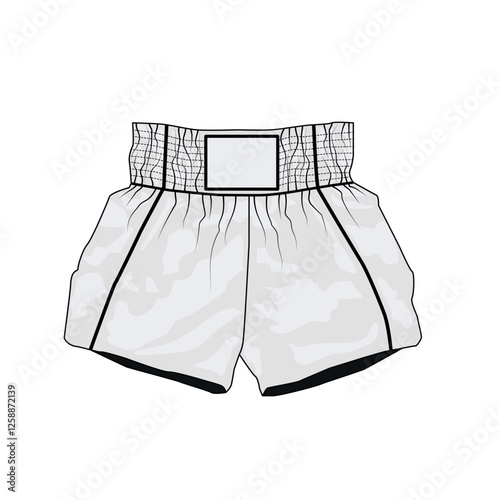 Vector drawing of mai tai boxing shorts. Sketch of short shorts on wide elastic waistband, unisex. Template of sports shorts for running, gym, fitness.