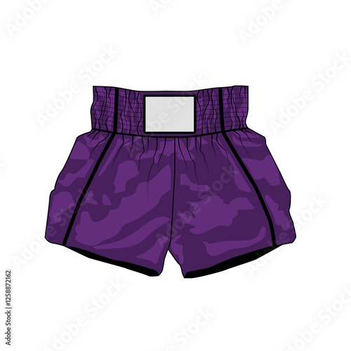 Vector illustration of sport shorts for mai tai boxing, purple color. Sketch of short, wide shorts on elastic waistband, unisex. Template athletic shorts made of nylon for running, gym, fitness.