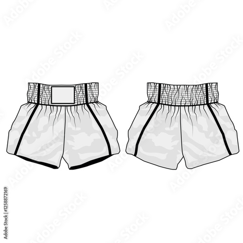 Set of vector illustrations of sport shorts for mai tai boxing, front and back view. Sketch of short, wide shorts on elastic waistband, gray color. Template of athletic shorts made of nylon