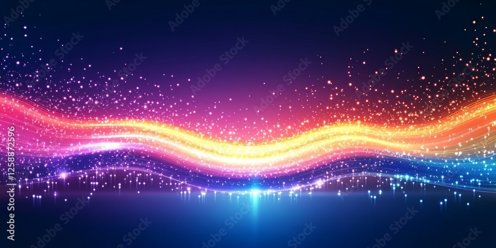 Obraz premium Abstract Rainbow Wave of Sparkling Particles Flowing Across a Blue Background with Glitter and Glow.