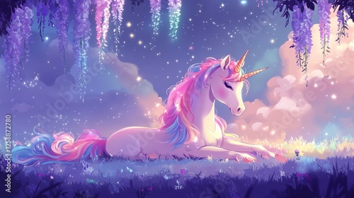 Enchanted unicorn resting under shimmering stars in a magical forest glade at twilight photo