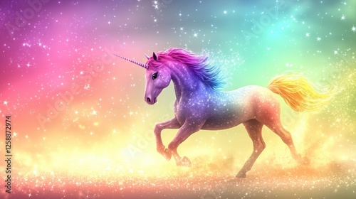 Majestic unicorn gallops through a vibrant, dreamlike landscape filled with colorful sparkles and soft glowing lights