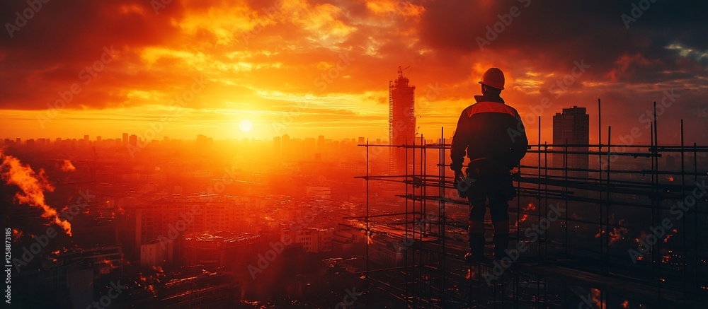 Fototapeta premium Construction worker overlooking a city skyline at sunset with clouds and buildings