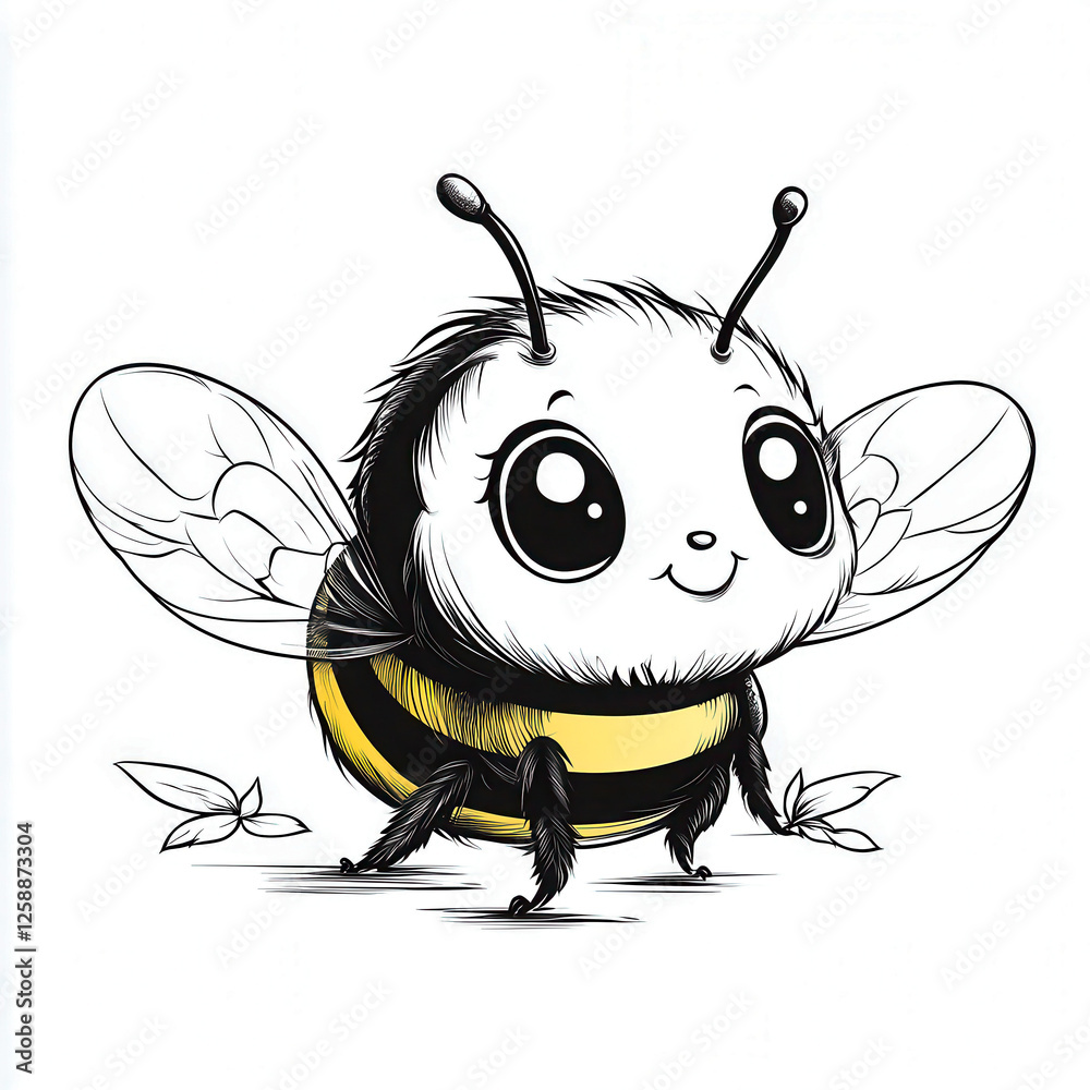 Obraz premium Cute cartoon bee with big eyes exploring a garden on a sunny day surrounded by leaves