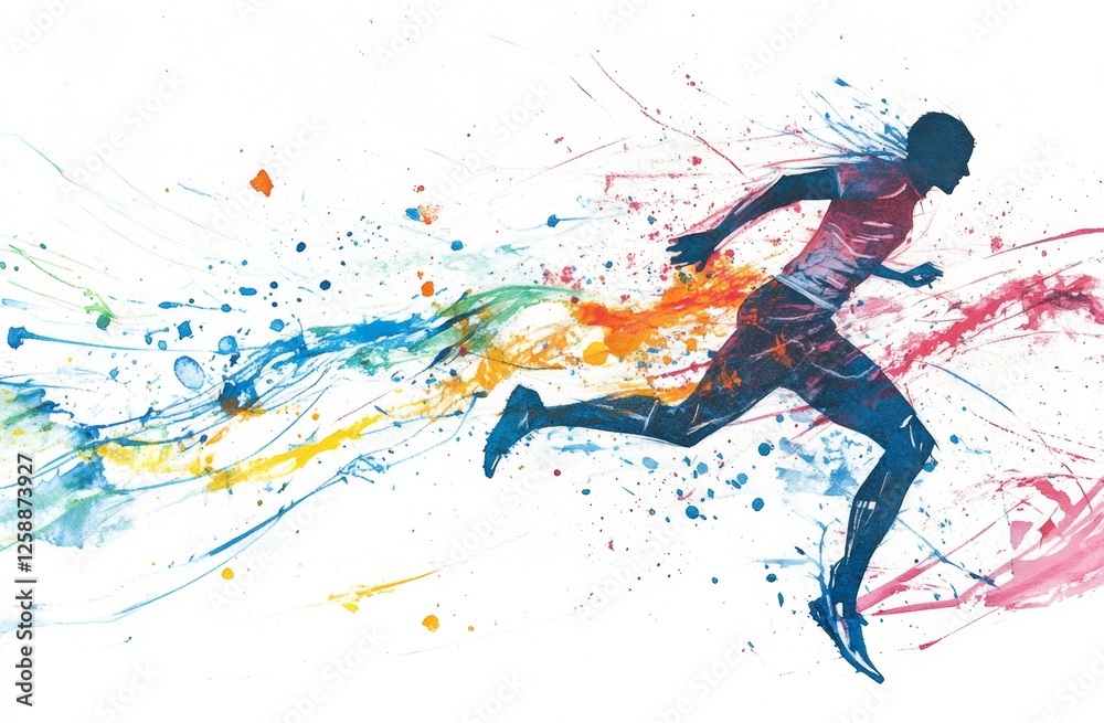 Runner sprints, colorful splash background, motion, speed, design Runner sprints, colorful splash background, motion, speed, design