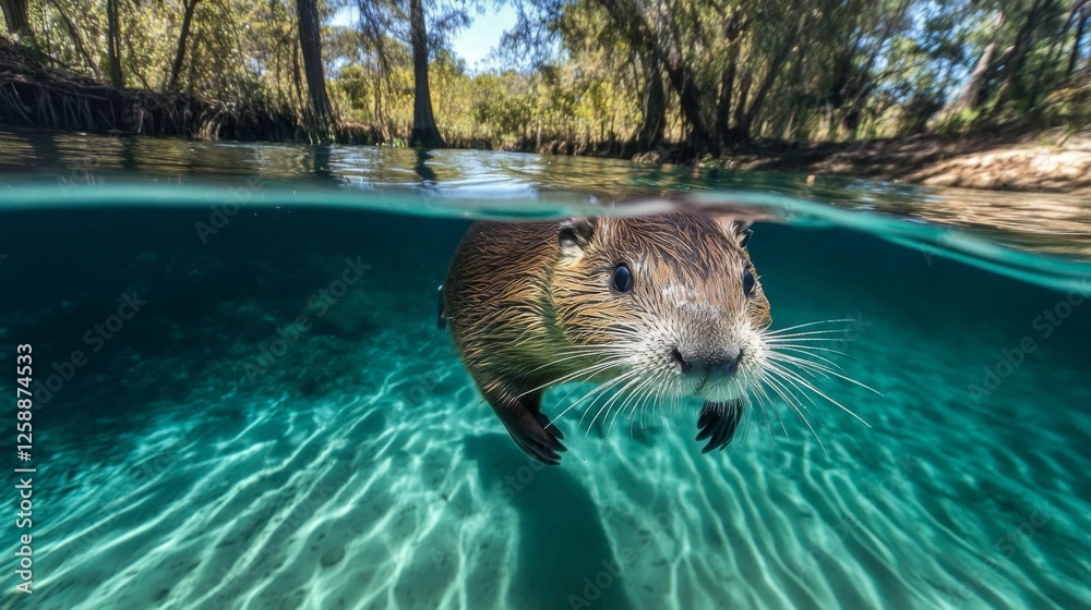 Fototapeta premium Celebrating World Wildlife Day with a playful otter swimming in a serene freshwater river, underwater photography