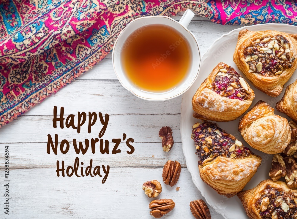 Turkish pastries with tea and nuts on a white wooden table. Happy Nowruz's Holiday. open bowl full of sweet pastries and Arabic tea next to it, along with some dried fruit, nuts, and walnuts. Novruz Turkish pastries with tea and nuts on a white wooden table. Happy Nowruz's Holiday. open bowl full of sweet pastries and Arabic tea next to it, along with some dried fruit, nuts, and walnuts. Novruz