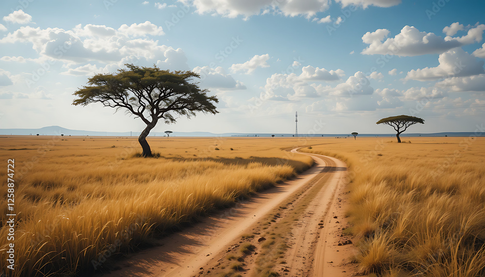 Obraz premium Scenic Dirt Road & Acacia Trees Under Blue Sky