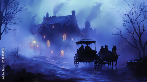 Halloween horse-drawn carriage ride through a haunted american village fog swirling. Phantom Caravans. Illustration