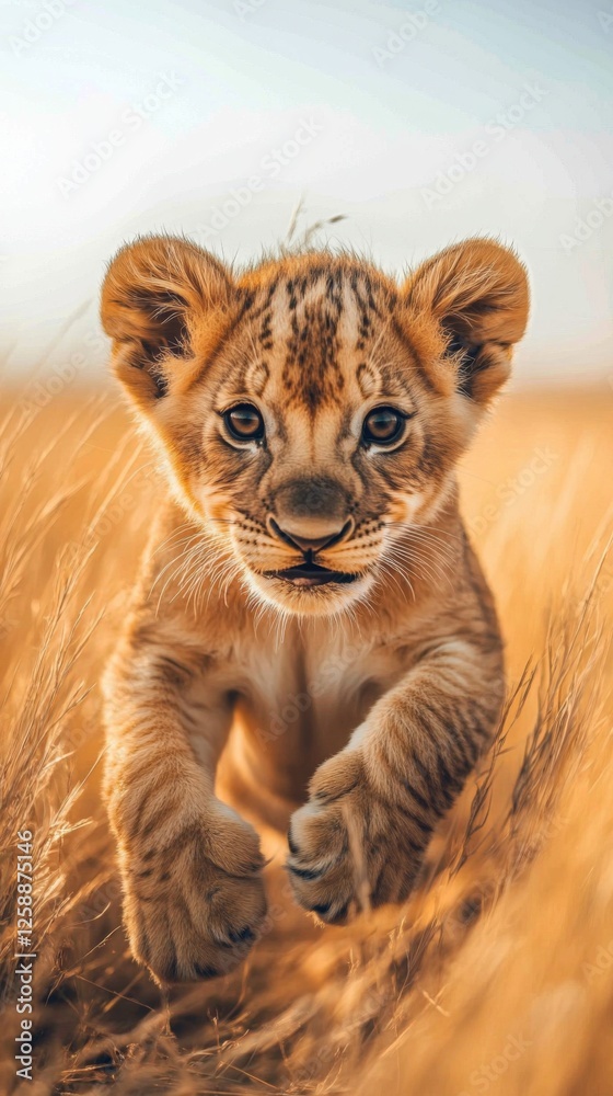 Obraz premium World Wild Day with a playful lion cub in its natural habitat during golden hour