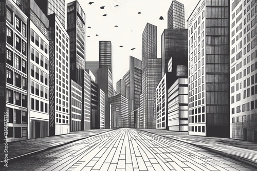 Cityscape, birds fly, empty street, urban, monochrome, illustration, perspective, background, design, advertising photo