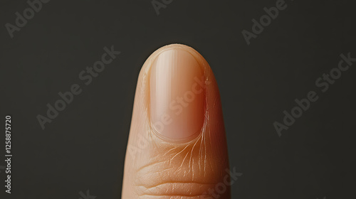 Close-up of a human thumb against a dark gray background, showcasing natural skin texture and a well-maintained fingernail. Focused detail highlights natural care.
