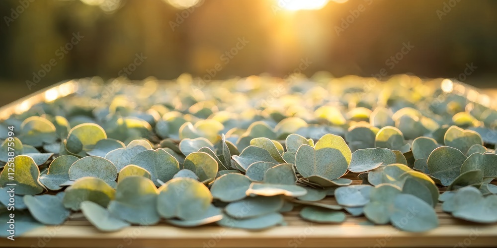 Fototapeta premium A close-up view of eucalyptus leaves drying on a wooden surface, illuminated by warm sunlight in a natural outdoor setting
