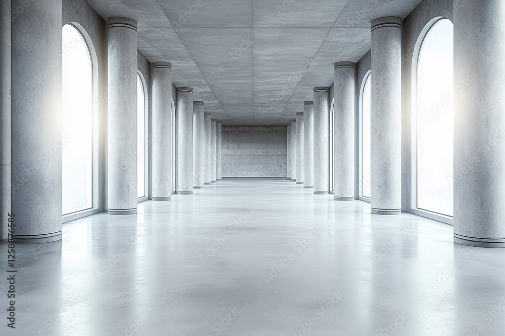 Modern Huge Concrete Material Empty Hall With Many Columns And Big White Glowing Windows Wallpaper Space For Text.