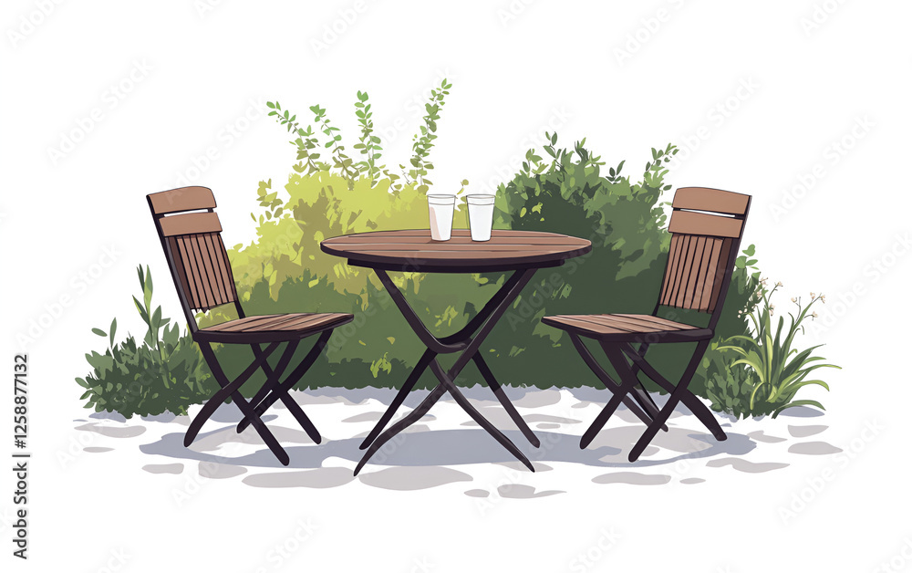 Obraz premium A vector image depicting an outdoor table with chairs, ideal for enjoying meals in a garden or patio setting.