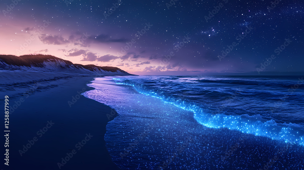 Naklejka premium Ethereal ocean waves glowing with electric blue bioluminescence under starlit sky, creating natural light show along shoreline. Starlit Bioluminescence. Illustration