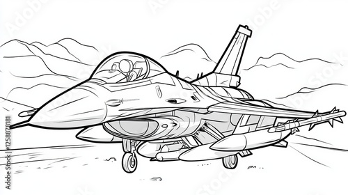 A coloring page featuring a cartoon fighter jet. ID_3dc11607-6843-4f68-b0b6-2fb07ccac5ac --ar 16:9 --v 6.1 Job ID: cdd16e3d-907d-440b-a06f-9f0bdf0230ca photo