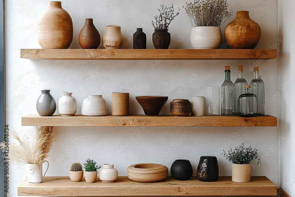Wooden wall floating shelves with home decorative pieces. Storage organization for home. Interior design of modern living room. Wooden wall floating shelves with home decorative pieces. Storage organization for home. Interior design of modern living room.