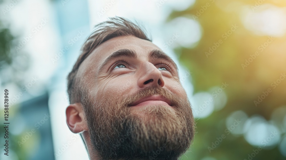 Man looking up into sunlight Man looking up into sunlight