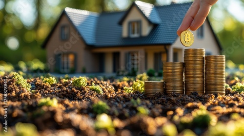 Hand placing bitcoin coin on stacks of coins near model home; investment concept photo