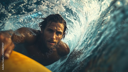 Surfer riding a wave while holding a surfboard during sunset at the beach