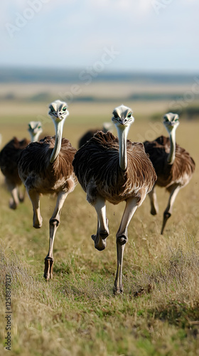 A gaggle of rheas running in a field. The large birds have their necks stretched out and are heading towards the camera at a fast speed.