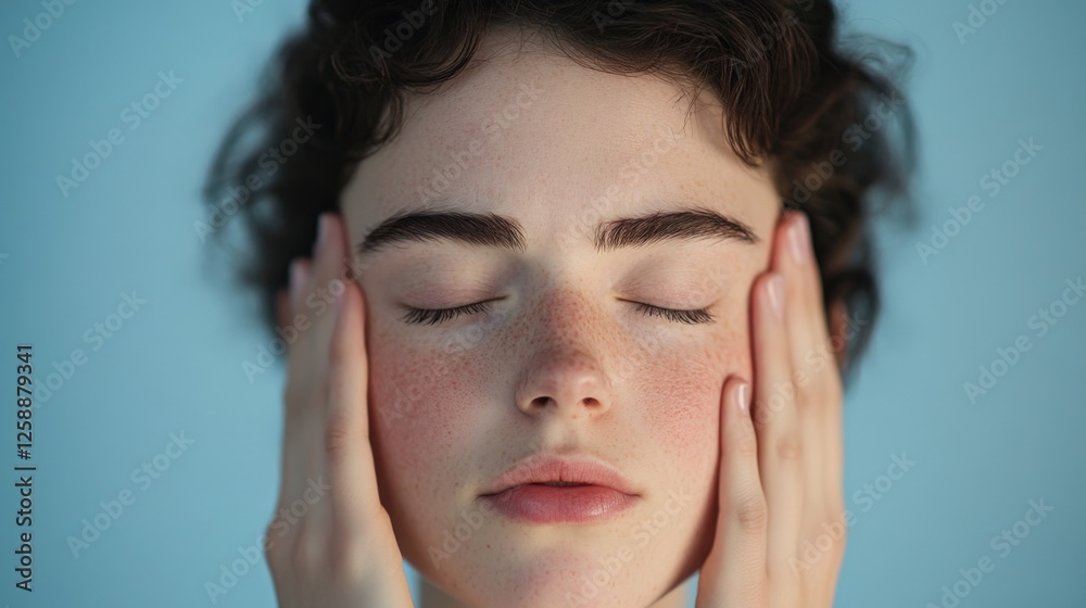 woman with freckles touching her face woman with freckles touching her face