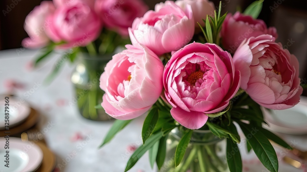 elegant dining table centerpiece with pink peonies, refined celebration setting for special occasions, floral decor elegant dining table centerpiece with pink peonies, refined celebration setting for special occasions, floral decor