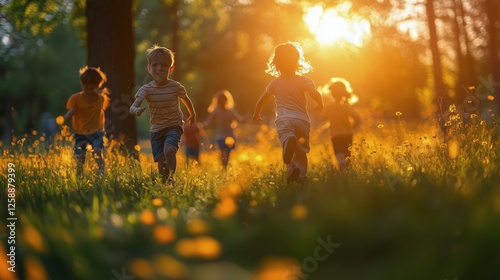 Children running joyfully in a sunlit meadow during sunset