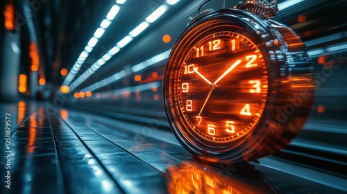 Clock with futuristic design highlighting movement and time in a modern urban...