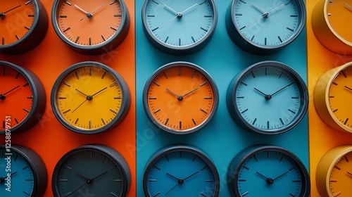Colorful wall with various clocks showcasing different times and vibrant back...