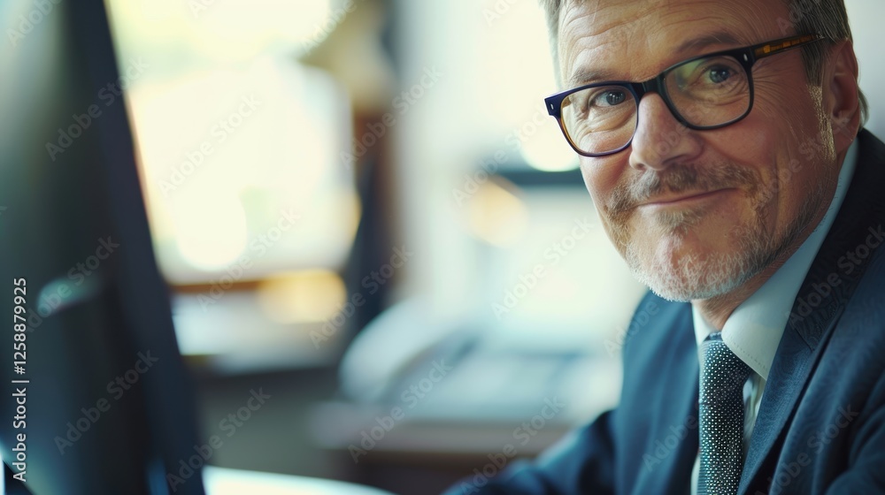 Business professional engaged in legal research using a computer in an office setting, demonstrating focus and expertise on a corporate project