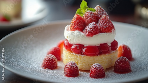 Strawberry dessert served on a white plate in a cozy cafe setting during afte...