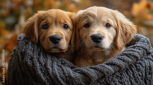 Two golden retriever puppies snuggled together in a cozy blanket during autumn