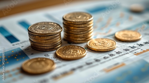 Coins stacked next to financial charts showing market trends and data analysis