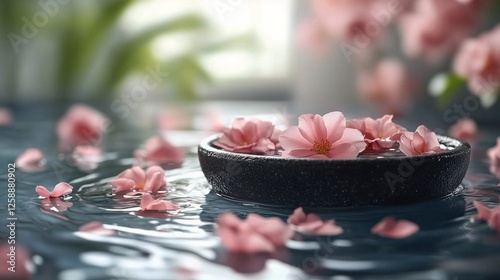 Beautiful cherry blossoms floating in a serene water bowl with gentle ripples...