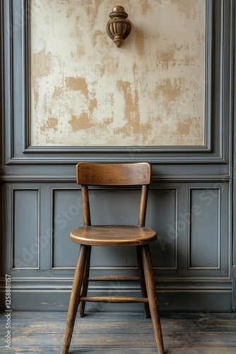 Wooden chair positioned against a vintage wall in a cozy interior space