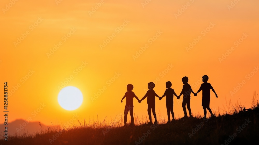 Silhouette of Children Holding Hands at Sunset Silhouette of Children Holding Hands at Sunset