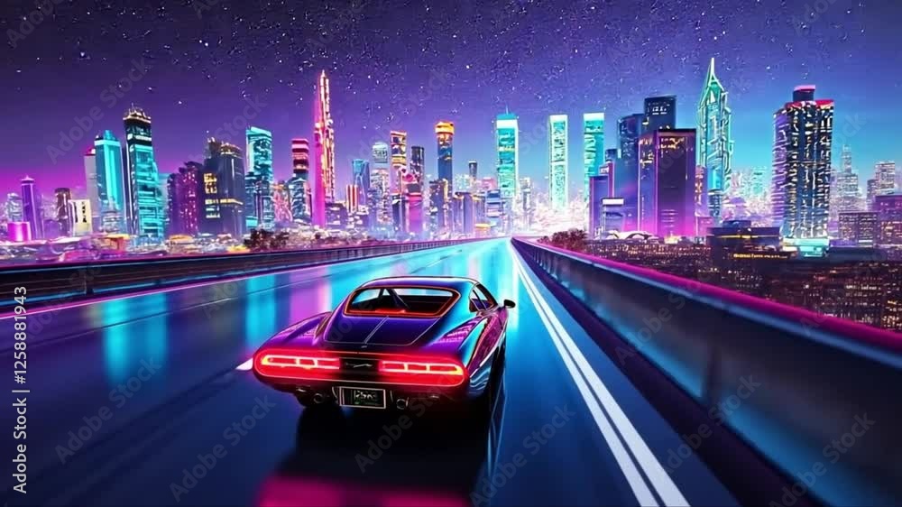 Retro futuristic car speeding on neon highway towards cyberpunk ...