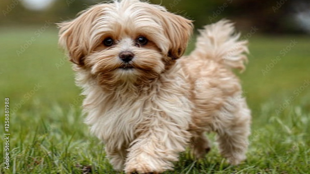 Fluffy puppy walking park grass outdoor pet Fluffy puppy walking park grass outdoor pet