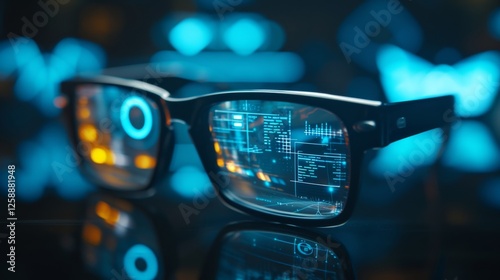 Stylish black smart glasses featuring a sleek design and advanced augmented reality data display, perfect for tech enthusiasts and modern gadget lovers. AI generated.
