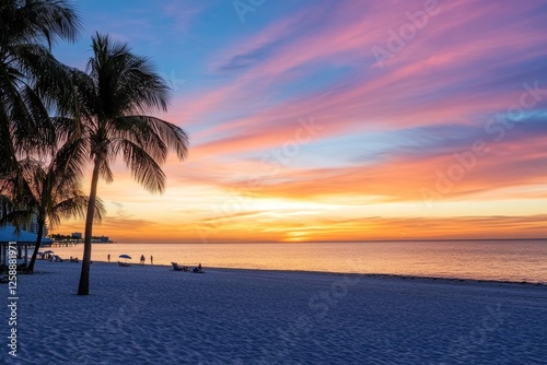 Beach horizon, vibrant colors of sunset paint sky.