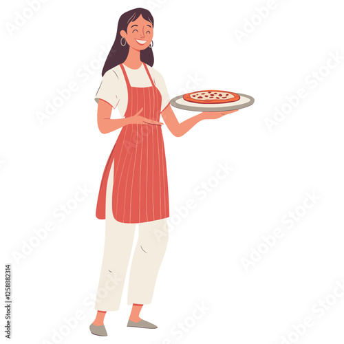 Waitress serving pizza apron illustration female vector