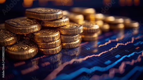 Golden coins stacked on digital trading chart with graphs highlighting market...