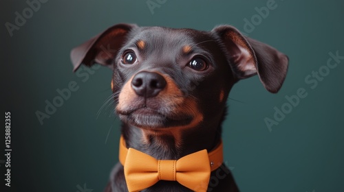 Dog dressed in a yellow bow tie poses elegantly against a dark background